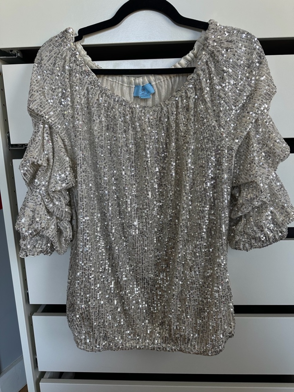 Cece Sequin Puff-Sleeve Women’s Top - Silver